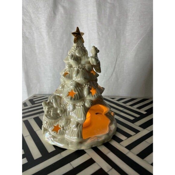 Vintage Iridescent Ceramic Christmas Tree Tealight Holder – Gold Star Accents - Picture 3 of 9